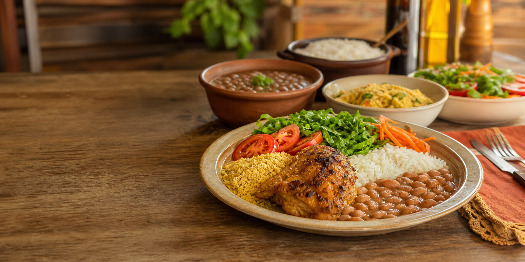 Comida caseira brasileira com arroz, feijão, salada e acompanhamentos